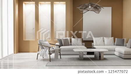 brown Modern room interior modern style and sofa and decoration .3D rendering brown Modern room interior modern style and sofa and decoration .3D rendering 125477072