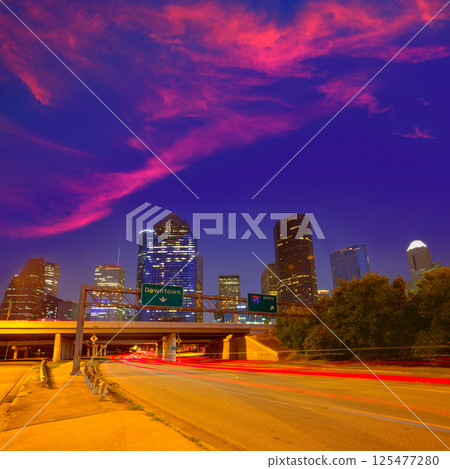 Houston downtown skyline at sunset dusk Texas Houston downtown skyline at sunset dusk Texas 125477280