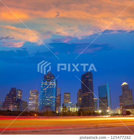Houston downtown skyline at sunset dusk Texas 125477282