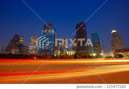 Houston downtown skyline at sunset dusk Texas 125477283