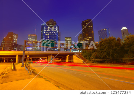Houston downtown skyline at sunset dusk Texas 125477284
