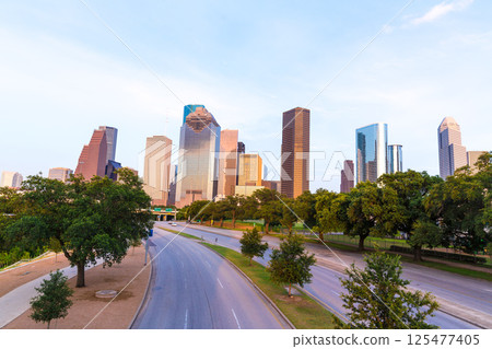 Houston skyline sunset from Allen Pkwy Texas US 125477405