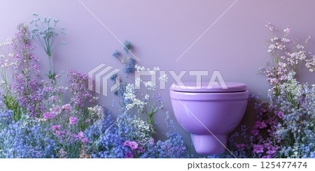 A sparkling clean toilet set among gentle wildflowers, evoking freshness, cleanliness, and a peaceful, hygienic bathroom space. 125477474