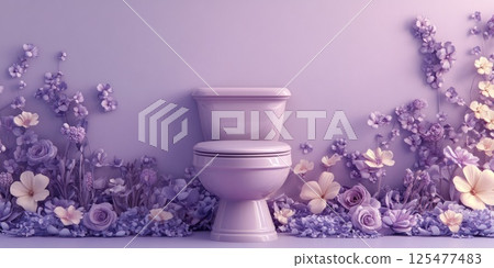 A clean toilet with blue and yellow flowers, highlighting hygiene, freshness, and a beautifully maintained bathroom. 125477483