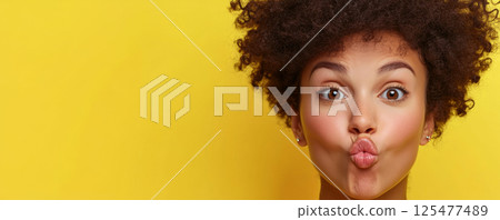 Happy Young Woman Blowing a Kiss Against Yellow Background 125477489