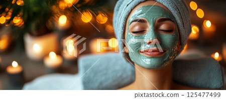 Woman with Facial Mask Resting in Spa Ambiance 125477499