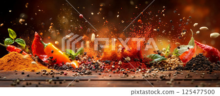 Vibrant Red Spices and Peppers with Fresh Herbs 125477500