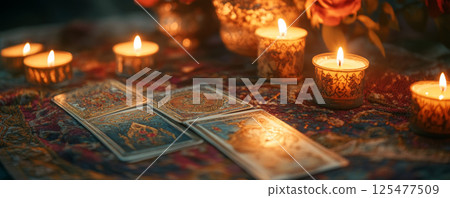 Tarot Cards and Candles on Mystic Table 125477509