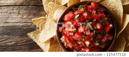 resh Tomato Salsa in Wooden Bowl with Tortilla Chips 125477510