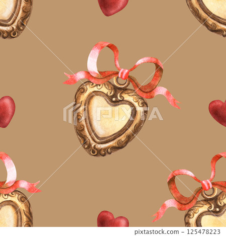 Vintage mocha seamless pattern heart locket golden pendant with red bow. Watercolor illustration of jewelry background. Symbol of love and memory. Valentine's day, Mother's day decor, fabrics, texture Vintage mocha seamless pattern heart locket golden pendant with red bow. Watercolor illustration of jewelry background. Symbol of love and memory. Valentine's day, Mother's day decor, fabrics, texture 125478223