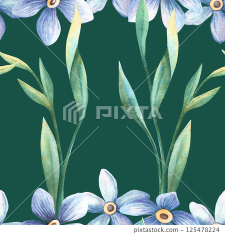 Emerald floral seamless pattern - forget-me-not blue flowers, foliage on dark green background. Hand-painted watercolor botanical texture. Ideal for vintage fabrics, romantic arrangement, garden print Emerald floral seamless pattern - forget-me-not blue flowers, foliage on dark green background. Hand-painted watercolor botanical texture. Ideal for vintage fabrics, romantic arrangement, garden print 125478224