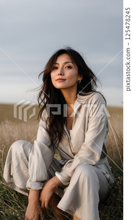 Portrait of a Young Woman in Beige Jumpsuit Sitting in a Dry Grass Field Portrait of a Young Woman in Beige Jumpsuit Sitting in a Dry Grass Field 125478245