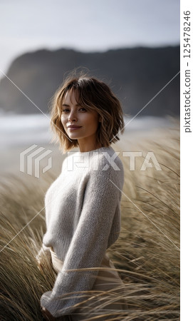 Portrait of a Young Woman in Beige Sweater Amidst Beach Grass Portrait of a Young Woman in Beige Sweater Amidst Beach Grass 125478246