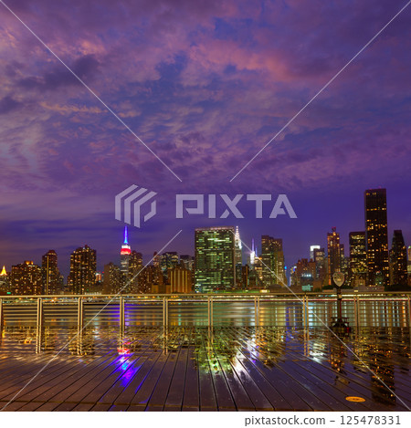 Manhattan New York sunset skyline from East 125478331