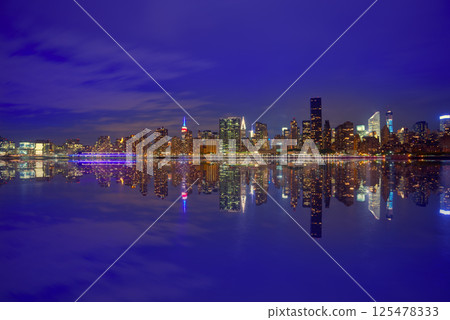 Manhattan New York sunset skyline from East 125478333