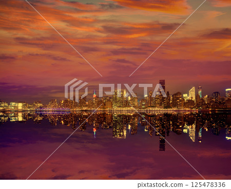 Manhattan New York sunset skyline from East 125478336