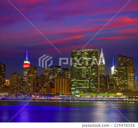 Manhattan New York sunset skyline from East 125478338