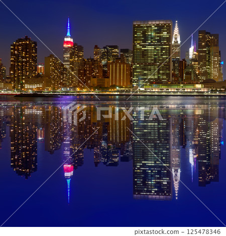 Manhattan New York sunset skyline from East 125478346