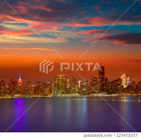 Manhattan New York sunset skyline from East 125478357
