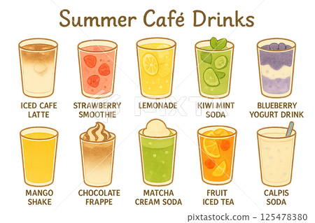 Summer cafe drink set | Hand-drawn watercolor illustration material (iced latte, lemonade, cream soda, etc.) Summer cafe drink set | Hand-drawn watercolor illustration material (iced latte, lemonade, cream soda, etc.) 125478380