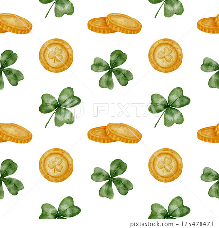 Hand drawn watercolor clovers and horseshoes pattern . Green shamrocks and golden lucky symbols create a festive seamless ornament. Perfect for textiles, wallpapers, packaging, scrapbooking Hand drawn watercolor clovers and horseshoes pattern . Green shamrocks and golden lucky symbols create a festive seamless ornament. Perfect for textiles, wallpapers, packaging, scrapbooking 125478471
