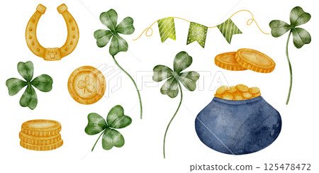Hand drawn St Patrick elements set, watercolor style. Green and gold palette clover, money, horseshoe. Watercolor illustration perfect for invitations, greeting cards, packaging, festive decor 125478472