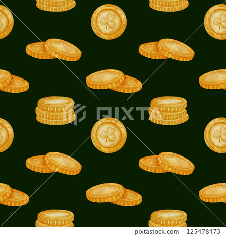 Hand drawn watercolor seamless pattern with gold coins. Realistic style, warm golden tones. Perfect for St Patrick's Day, games, treasure themes, prints, stickers, greeting cards, scrapbooking, decor. 125478473
