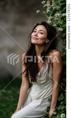 Smiling Woman in Beige Dress Against Stone Wall with White Flowers 125478501