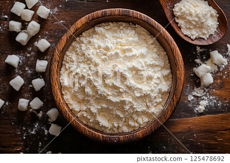 rice flour with raw rice pot on the side, culinary ingredient 125478692