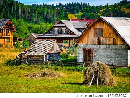 Colorful Spring landscape in the mountain village. Carpathian Mountains, Ukraine Colorful Spring landscape in the mountain village. Carpathian Mountains, Ukraine 125478982