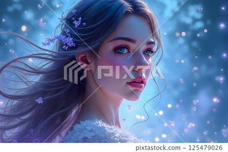 beautiful young woman with angel wings over snow 125479026