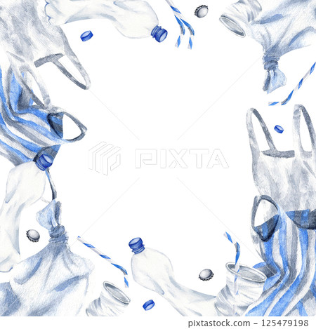 Frame with Plastic bottle, disposable cup, polythene bags, caps and tin stopper, straw. Watercolor recycling object isolated on white with template for industry design, and pollution articles 125479198