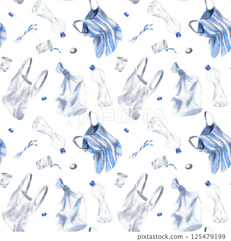 Plastic objects seamless pattern. Watercolor bottle and disposable cups, polythene bags, caps and tin stopper, straw isolated from background for industry design, recycling and pollution web sites Plastic objects seamless pattern. Watercolor bottle and disposable cups, polythene bags, caps and tin stopper, straw isolated from background for industry design, recycling and pollution web sites 125479199