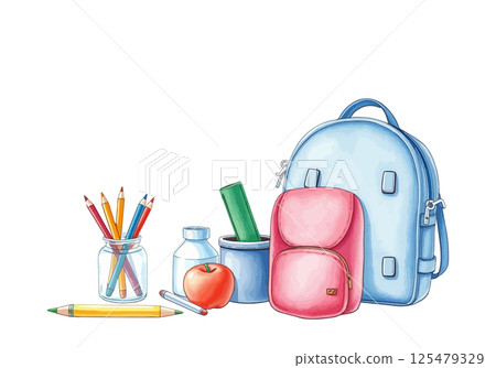 School supplies watercolor vector illustration. 125479329