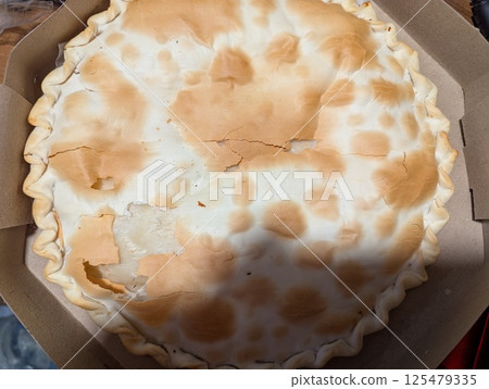 Empanada is a traditional Argentine dish. Large empanada in a delivery box 125479335