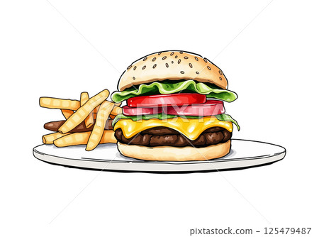 Burger watercolor vector illustration. 125479487
