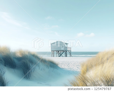 Elevated beach hut on stilts surrounded by sand dunes and ocean horizon 125479787