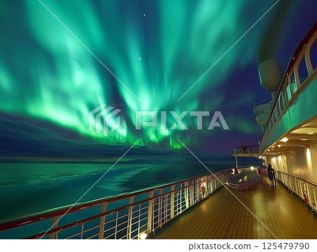 Northern Lights illuminating cruise ship deck over open ocean at night 125479790