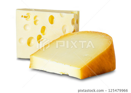 two different blocks of hard cheese gouda and maasdam on a white background, isolate 125479966