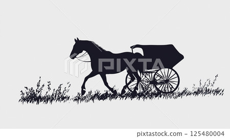 Black silhouette of horse and carriage on white background 125480004