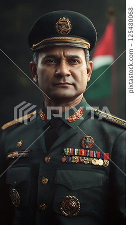 Resilient General in Military Regalia with National Pride 125480068