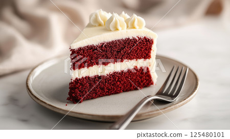 Red velvet cake slice with cream cheese frosting on plate 125480101