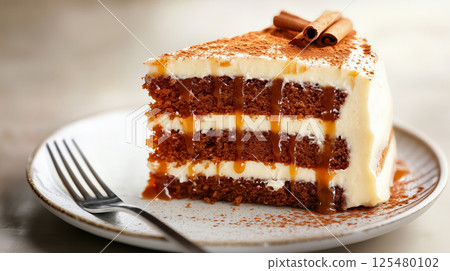 Pumpkin spice cake slice with cream frosting and caramel drizzle 125480102