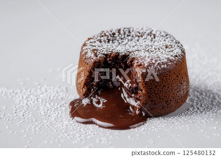 Chocolate lava cake with molten center and sugar dust 125480132