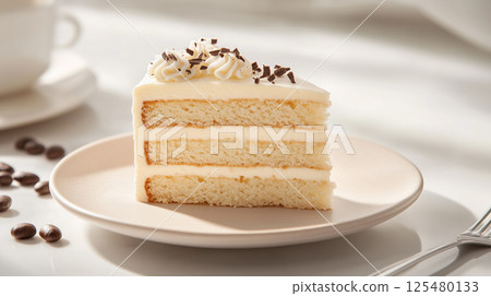 White Opera Cake slice with cream layers and chocolate shavings 125480133