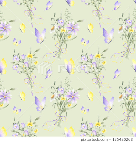 Wildflowers bellflower, buttercup and meadow grasses in bouquets tied ribbon bow and butterflies. Seamless flower watercolor pattern on light green. Hand drawn illustration in yellow and lilac colors Wildflowers bellflower, buttercup and meadow grasses in bouquets tied ribbon bow and butterflies. Seamless flower watercolor pattern on light green. Hand drawn illustration in yellow and lilac colors 125480268