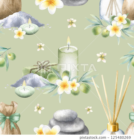 Olive soap aleppo, candles, aroma diffuser, stack pebbles, sack with sea salt, frangipani flowers and olive branches. Hand drawn watercolor seamless pattern on light olive color for spa salon design 125480269