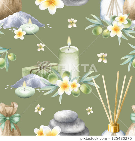 Olive soap aleppo, candles, aroma diffuser, stack pebbles, sack with sea salt, frangipani flowers and olive branches. Hand drawn watercolor seamless pattern on dark olive color for spa salon design Olive soap aleppo, candles, aroma diffuser, stack pebbles, sack with sea salt, frangipani flowers and olive branches. Hand drawn watercolor seamless pattern on dark olive color for spa salon design 125480270