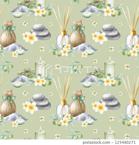 Olive soap aleppo, candles, aroma diffuser, stack pebbles, sack with sea salt, frangipani flowers and olive branches. Hand drawn watercolor seamless pattern on light olive color for spa salon design 125480271