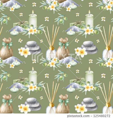 Olive soap aleppo, candles, aroma diffuser, stack pebbles, sack with sea salt, frangipani flowers and olive branches. Hand drawn watercolor seamless pattern on dark olive color for spa salon designs Olive soap aleppo, candles, aroma diffuser, stack pebbles, sack with sea salt, frangipani flowers and olive branches. Hand drawn watercolor seamless pattern on dark olive color for spa salon designs 125480272